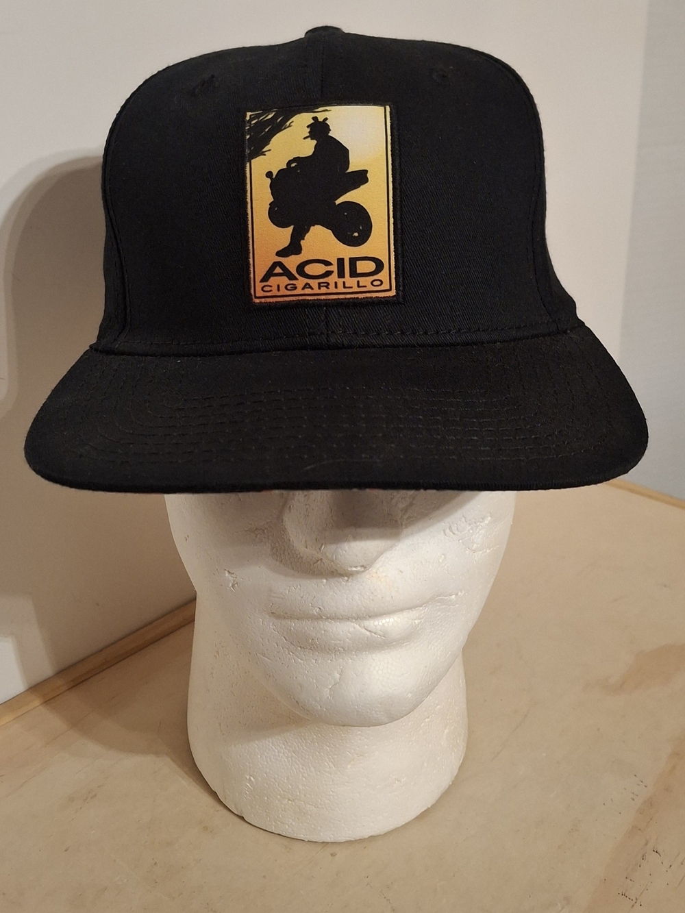 Vtg New black Acid Cigarillo snapback cap, motorcycle rider patch, graffiti
